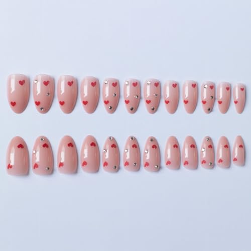 Image of Heart Press on Nails Nude Fake Nails with Design Reusable Glossy Full Cover Medium Almond Nail Press ons Rhinestone Glue on Nail for Women Manicure 24Pcs