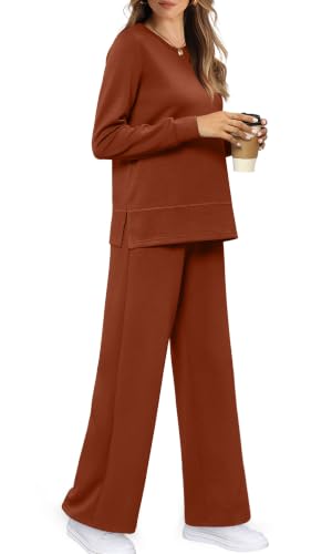 Image of WIHOLL Women's 2 Piece Lounge Sets Sweatshirt Casual Travel Outfits Fashion Wide Leg Tracksuit Cozy Sweatsuits