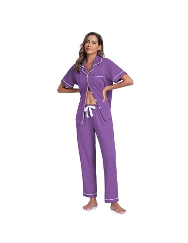Image of CF Womens 100% Cotton Pajamas Set Button Down Pjs Sets Short Sleeve Top & Long Pants Sleepwear Comfy Loungewear with Pockets