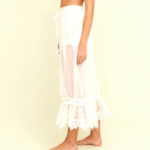 Image of UAURORAO Women Lace Trim Long Bloomers Elastic Mid Rise Ruffle Pantaloons Cropped Flared Slips Pants Pajama Bottoms