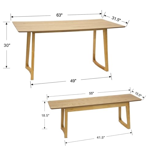 Image of HNY 63 inch Rectangular Wooden Dining Table with Bench, Farmhouse Dining Table Set for 4-6 People, Kitchen Table with Bench, Kitchen Table Set for Living Room /Restaurant, Oak