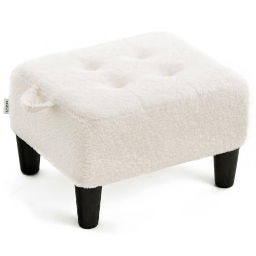 Songmics Foot Stool, Ottoman, Teddy Fleece Stool with Thick Cushion, 150 kg Weight Capacity, for Living Room, Bedroom, Entryway, Cream White and Ink Black LOM503WD02