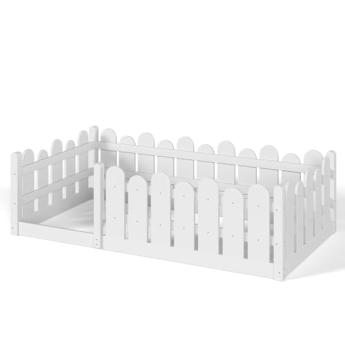 Image of Bellemave Twin Size Kids Montessori Floor Bed,Floor Bed Frame with Rounded Safety Guardrail,Solid Wood Montessori Bed for Girls Boys,White