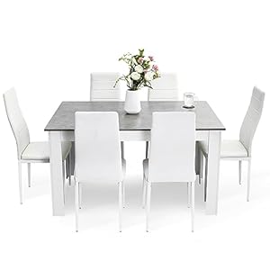 Dining Table and Chairs Set 6, 7 Pieces Kitchen Table Set with High Back Faux Leather Chair for Dining Room Kitchen Rectangular Modern (Grey Table White Chairs)