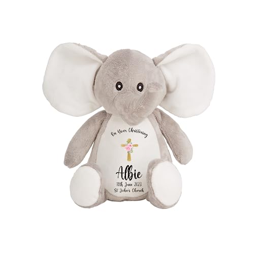 Crafted Memories - Personalised Baptism Elephant Plush Toy | Customisable with Name & Church Details | Suitable for Baby Girl or Boy | Boys Christening Present | Grey or White