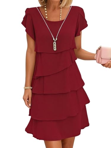 Minetom Femme Robe De Soiree Fête Mousseline Dress De Ceremonie Mariage Cocktail Tulle Manches Courtes Volantées Demoiselle d'honneur A Vin Rouge XXL