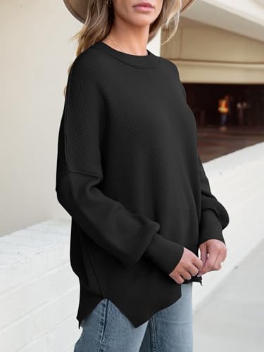 Anrabess Women Crewneck Batwing Long Sleeve 2024 Fall Oversized Side Slit Ribbed Knit Pullover Sweaters Top Cozy Outfits Black Small thumb #2