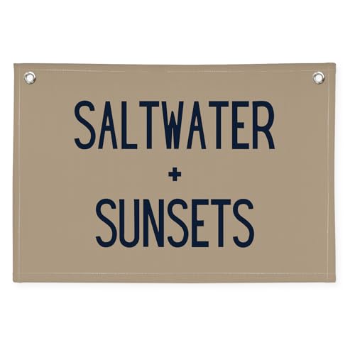 Image of Beach Room Decor Banner, Boho Coastal Saltwater Sunsets Wall Art Linen Canvas Banner Flag for Aesthetic Room Decor, Playroom Nursery Surf Decor,Housewarming Gift, Beach Gifts boyroom