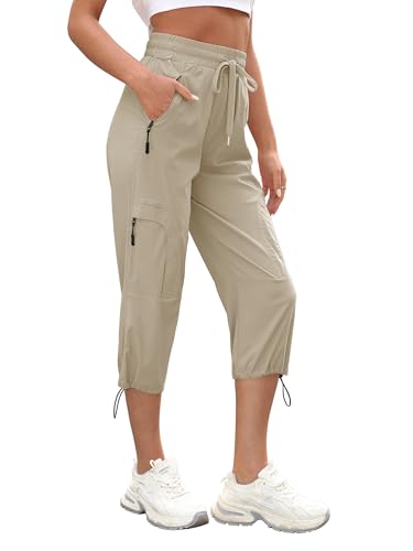StylSense Caprihose Damen Sommer Casual 3/4 Hose Atmungsaktiv Outdoor Jogginghose Wanderhose Stretch Leichte Sommerhose mit Taschen（Khaki,L