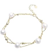 14K Gold Layered Pearl Bracelet for Women,Dainty Freshwater Cultured Pearl Bracelet,Gift for Mom,...