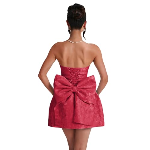 Image of ZGMYC Jacquard Satin Homecoming Dress with Bow Elegant Strapless Mini Dress A Line Short Prom Dresses Party Gown Bright Red