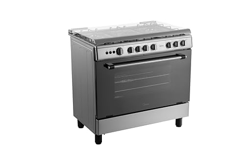 Midea 90x60cm Freestanding Cooker, Full Gas Cooking Range with 5 Burners, Automatic Ignition & Full Safety, Cast Iron Pan Support, Stainless Steel Finish, Separate Knob for Oven & Grill, LME95028FFD