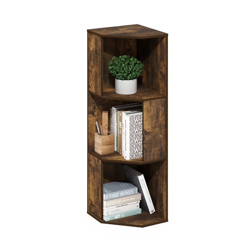 Image of Furinno ECON Corner Shelf, 3-Tier Corner Book Shelf, Standing Storage Shelves, Cube Display Rack, Bookshelf, for Organization and Storage, Living Room, Home Office, Amber Pine