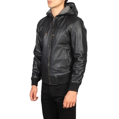 Premium Faux Leather Bomber Jacket, Black, Hooded Design with Gray Interior, Double Zipper Front, Ribbed Hem4