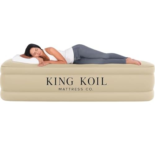 King Koil Luxury Air Mattress 20in Full Size Beige with Built-in Pump for Home, Camping & Guests-Inflatable Airbed Luxury Double High Adjustable Blow Up Mattress, Durable – Portable and Waterproof