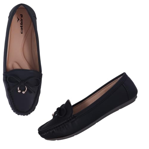 Image of CatBird Women's Flat Shoes for Casual & Office Wear, Bow Detail Slip-On Loafers