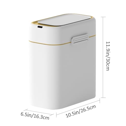 Image of ELPHECO 2.5 Gallon Garbage Can with Buckle-up Latches, Motion Sensor Trash Can with Buckling Latches for Bathroom, Living Room, Office, Bedroom, 2 AA Batteries (Excluded), White Gold