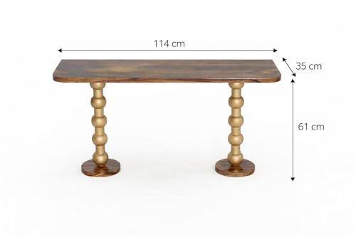 Image of Solid Sheesham Wood Console Table for Living Room | Entryway Hallway Sofa & Fish Tank Table | Designer Gold Finish Turned Legs | Luxury Wooden Accent Furniture | Light Brown Finish