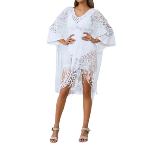 Vestidos africanos Elegante kimono de playa de encaje para mujer, sexy, traje de baño ligero, para vacaciones en el mar y trajes de verano, vestidos blancos para niñas, Blanco, talla única