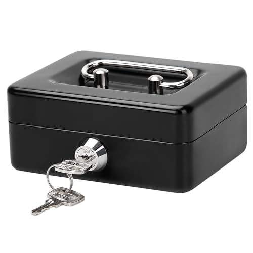 Jssmst X-Small Cash Box with Lock - Money Saving Box for Cash Coins, Small Lock Box for Medication Personal Items, 4.92'' x 3.94'' x 2.28'', Black