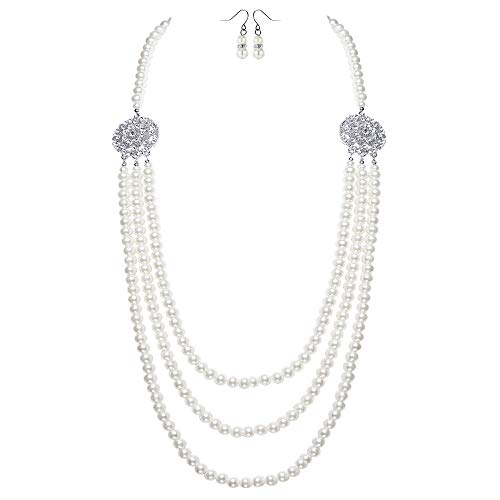 BABEYOND 1920s Gatsby Pearl Necklace Vintage Bridal Pearl Necklace Earrings Jewelry Set Multilayer Imitation Pearl Necklace with Brooch (Style2-Silver)