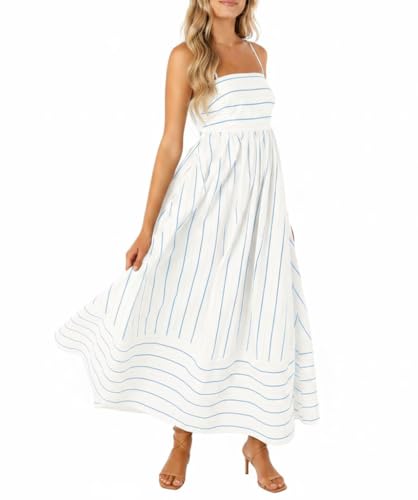 chouyatou Women's Striped Back Smocked Maxi Dress Sexy Spaghetti Strap Cut Out Flowy Swing Long...