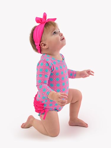 Image of RuffleButts Baby Girls UPF 50+ Sun Protection Floral Printed Long Sleeve One Piece Rash Guard Swimsuit with Zipper