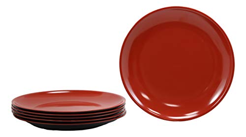 Ebros Contemporary Round 10" Diameter Red And Black Large Melamine Dinner Plate For Main Course Meals Pack Of 6 Set Kitchen Dining Asian Japanese Chinese Cuisine Restaurant Supply Dishwasher Safe