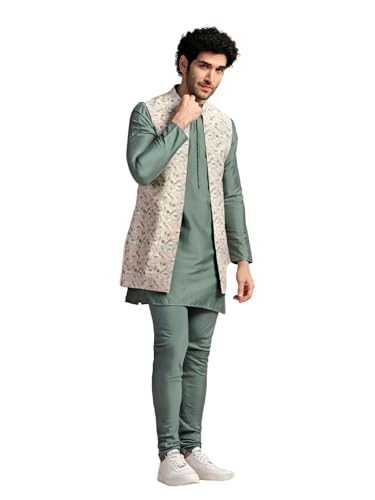 Image of KISAH Men's Kurta Jacket Churidar Set, Multi Cotton Blend, Printed Regular Fit Mandarin Collar Full Sleeves