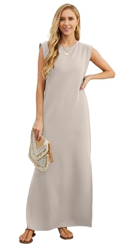 Image of GRECERELLE 2026 Women Year-Round Casual Round Neck Loose Split Wrinkle-Free Long Maxi Vacation Dress with Pockets (XXS-4XL)