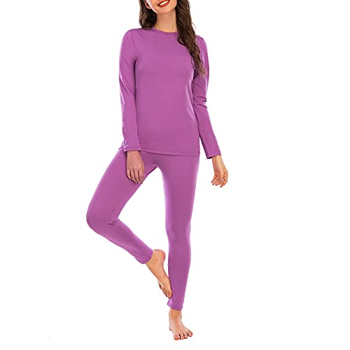 Zando Womens 2 Piece Thermal Underwear Ultra Soft Cuddle Duds Long Johns Extreme Cold Long Underwear Set Lounge Set Skin-Friendly Fuzzy Pajamas for Women Ladies Pajamas Pink Purple X-Large