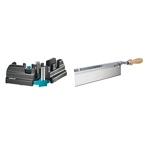 wolfcraft Soporte de ajuste y corte, 6948000, Producto 2 en 1 para rodapiés exactos + Sierra de mano con mango acodado, 6925000, Para serrado próximo al suelo