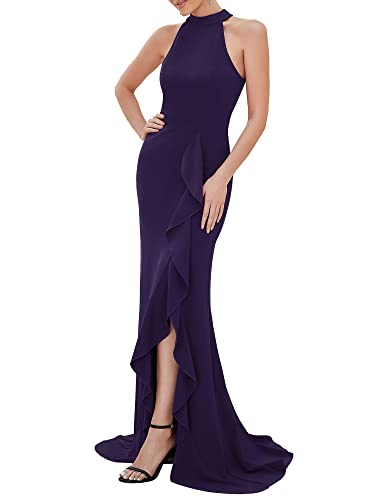 Ever-Pretty Robe Mere de La Mariee Femme Asymétrique Longue Fendue à Volants Halter Taille Empire Chic Violet Foncé 2L