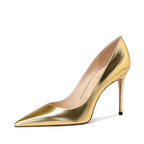 Pointed Toe Heels Luxury Metallic Gold Finish Premium Material Comfortable