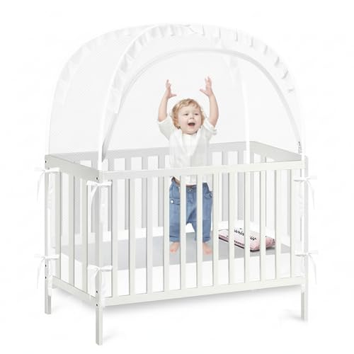 PandaEar Pop Up Crib Tent to Keep Baby from Climbing Out, Breathable Crib Net Mesh Canopy, Babies Crib Cover with Zipper, Easy Installation (White)