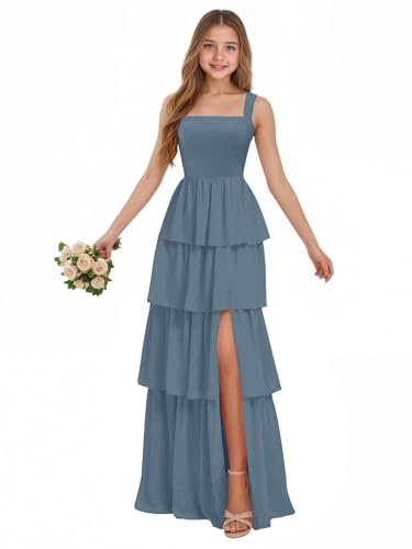 camftbo Dusty Blue Tiered Junior Bridesmaid Dresses for Girls 2026 6