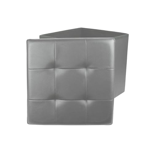 HOME DECO FACTORY - HD3401 Puff Baúl de Almacenamiento Plegable Cuadrado en Polipiel Capitoneado, Asiento Acolchado, Diseño Elegante para Sala de Estar, 38 x 38 x 38 cm, Gris