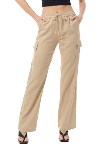 Design by Olivia Women's Flap Pocket Drawstring Waist Linen Cargo Pants Khaki L