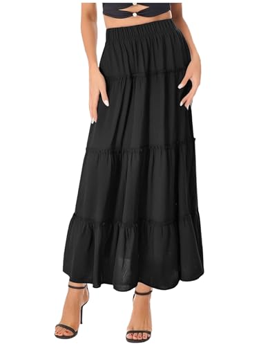 Versatile A-Line Midi Skirt for Womens Elastic Waist Ruffled Tiered Swing Skirts Outfit