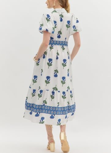Image of Women Patchwork Dress Y2k Floral Puff Short Sleeve Maxi Dress Summer Boho Smocked Tiered Ruffle Beach Sundress