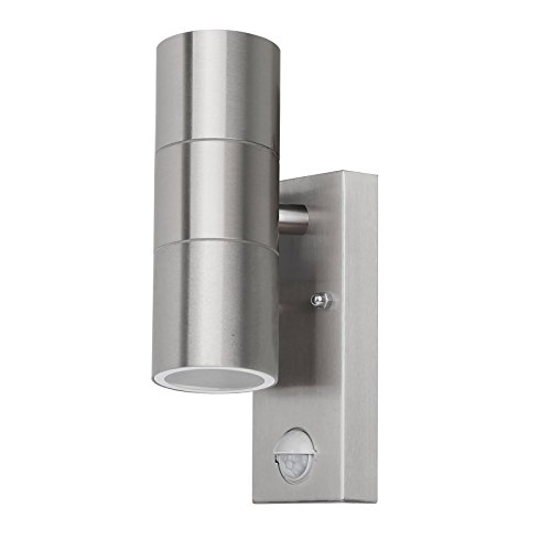 Grafner Edelstahl Wandlampe mit Bewegungsmelder, silber, nach oben und unten gerichtetem Lichtschein, IP44, 2x GU10 Fassung, für außen und innen, Wandleuchte Wand Lampe nach oben und unten scheinend