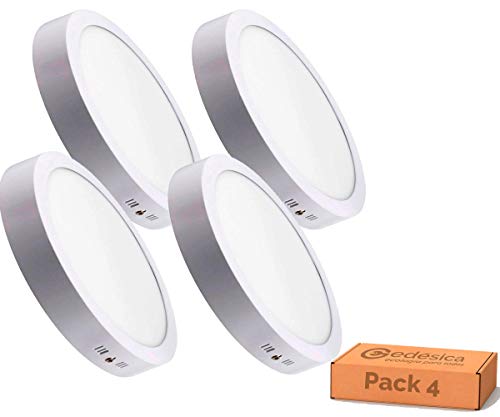 PACK X4, Lamparas de techo, Plafon Led techo, 20W 2000LM diámetro 205 redondo, downlight led techo, Dormitorio, Salon, Pasillos, Baños, Clase eficiencia energetica A++ (6000K-luz blanca fria)