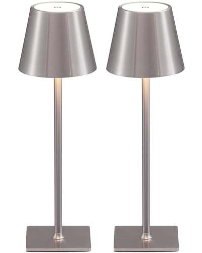 KDG 2 Pack Cordless Table Lamp,Portable LED Desk Lamp, 4000mAh Battery Operated, 3 Color Stepless Dimming Up, for Restaurant/Bedroom/Bars/Outdoor Party/Camping/Coffee Shop Night Light(Brushed Nickel)