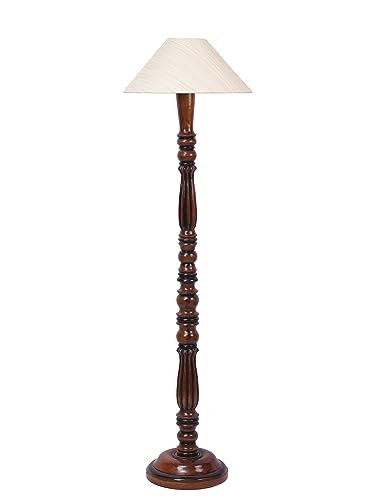 Image of Off-White Coolie Cotton Floor Lamp with Wooden Base - Height 53 Inches | Modern Standing Lamp for Living Room, Bedroom & Office | Elegant Home Lighting & Decorative