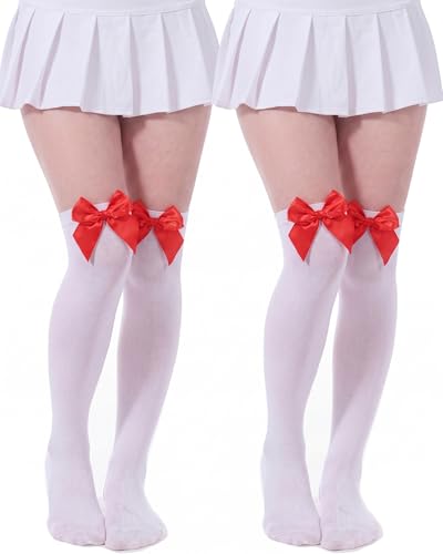 SATINIOR 2 Pairs Valentines Day Knee High Socks with Bows Mardi Gras Thigh High Socks Highs Stockings over Knee(White Stocking Red Bow)