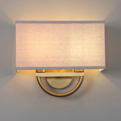 Pathson Industriel Double Tête Applique Murale, Rectangulaire Tissu Lin Abat-jour Lampe Murale, pour Chambre à Coucher, Salon, Couloir, Hôtel (Antique-Lin)
