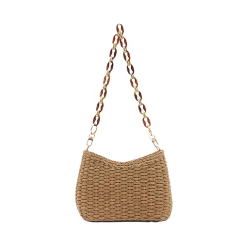 Women Woven Straw Shoulder Bag Summer Beach Chic Handbag with Acrylic Chain