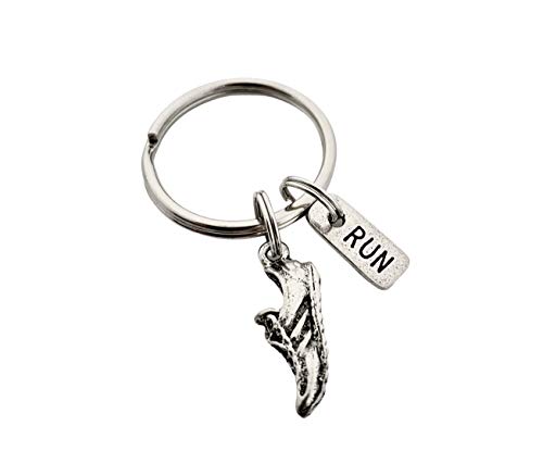 Pewter RUN Key Chain - Running Shoe Charm and Pewter RUN Charm on Stainless Steel Round Key Ring