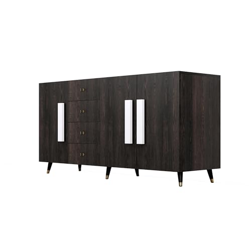 Image of Bniture Storage Cabinet Wooden for Living Room Sideboard with 4 Drawer and 3 Door | Multipurpose Storage Organizer Chest of Drawer Cabinet for Home Hallway Drawing Room Bedroom Kitchen | Flower Wenge