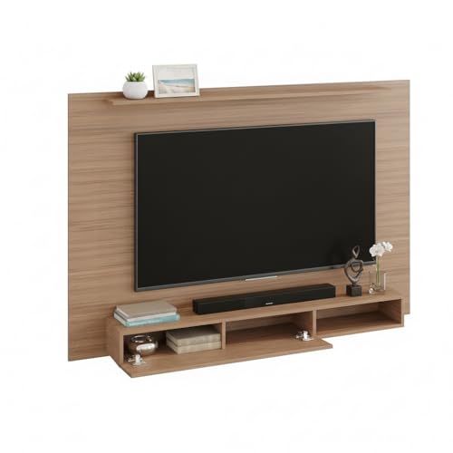 Image of FURNEASER Reyroy Wall Mounted TV Unit for Living Room | Wooden TV Panel with Floating Cabinet & Storage Shelf | Modern Entertainment Unit for Upto 60 Inch TV (Exotic Teak)
